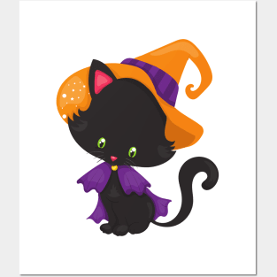 Halloween Cat, Cute Cat, Black Cat, Witch Hat Posters and Art